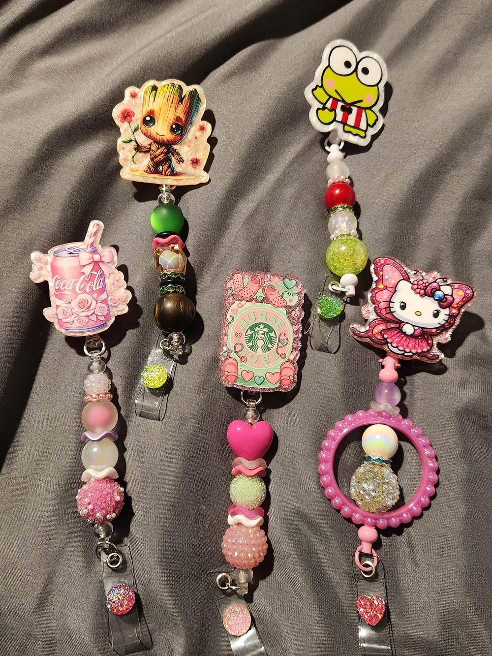 Beaded Badge Reels - Hello Kitty, Groot, Keroppi & More $14 Each